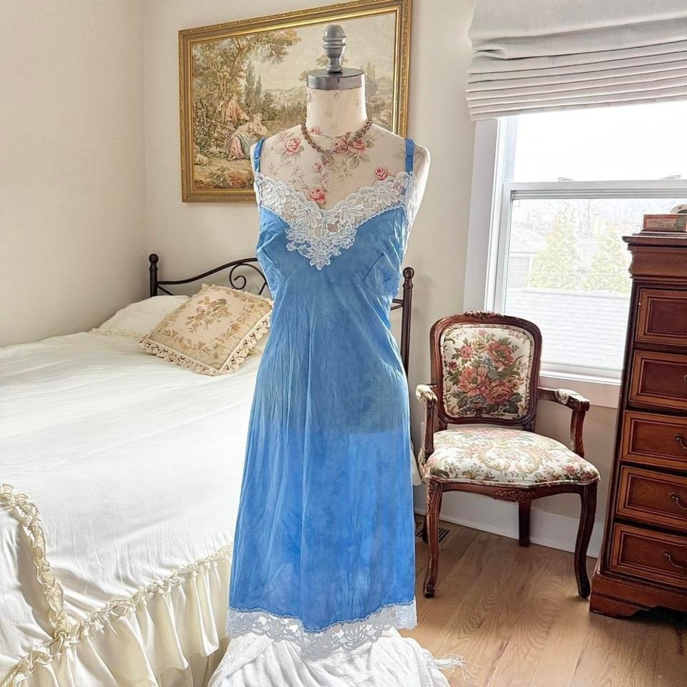 blue lace slip dress ‎ 70s lorraine blue lace maxi slip